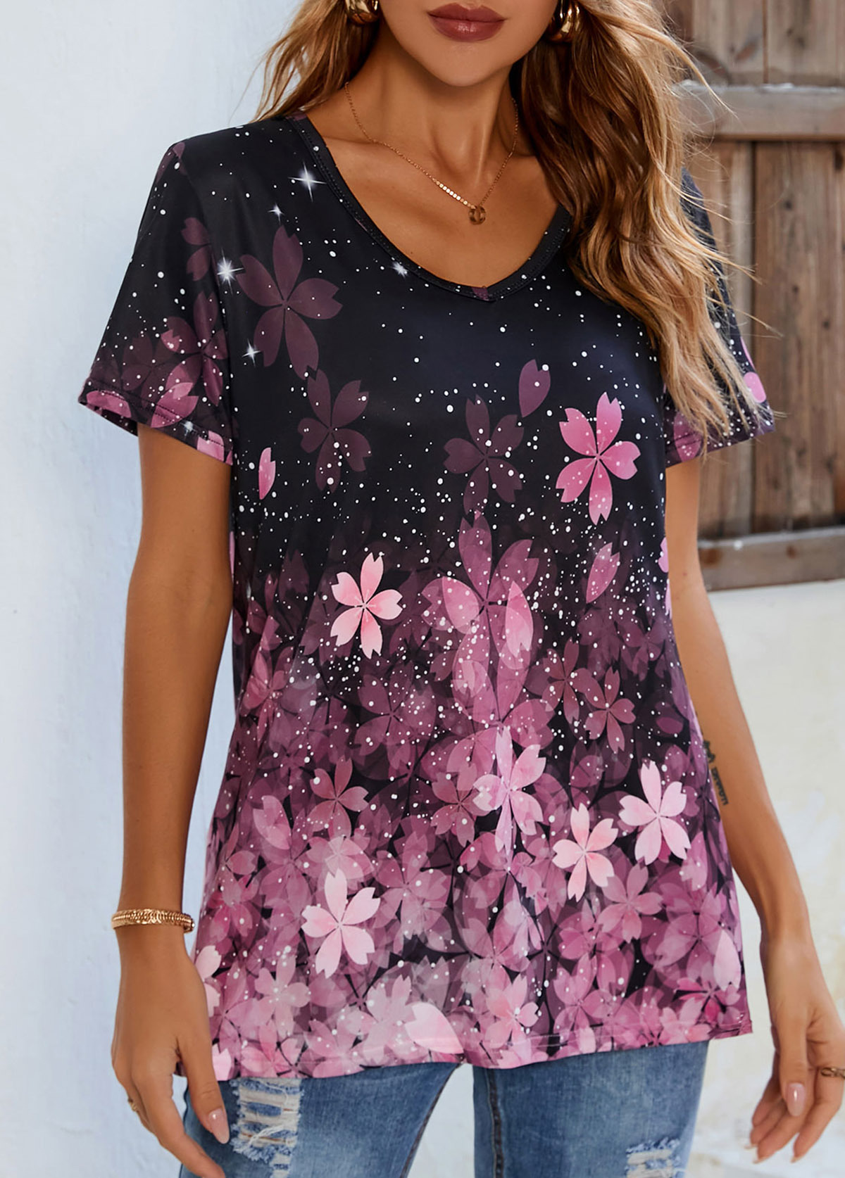 Floral Print Pink V Neck T Shirt