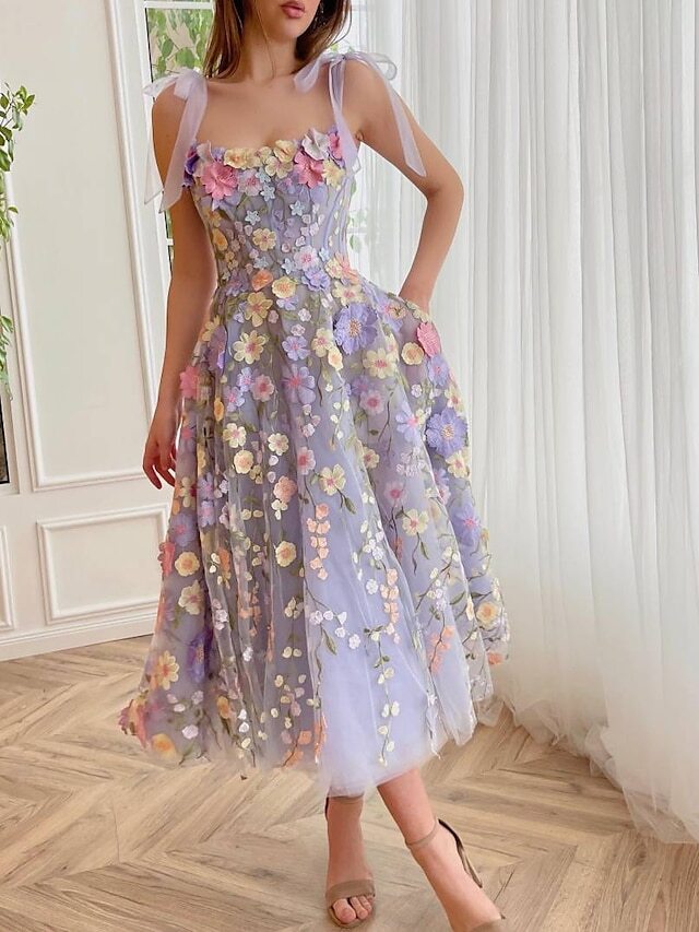 A-Line Cocktail Dresses Corsets Dress Summer Tea Length Sleeveless Scoop Neck Bridesmaid Dress Tulle with Appliques 2023