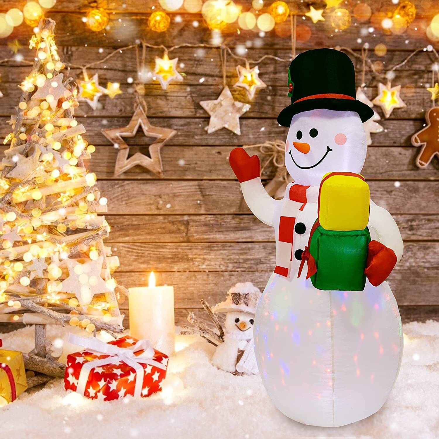 5Ft Christmas Inflatables Snowman with Built-in Colorful Rotating LED Lights for Indoor Outdoor Yard Garden Decor Christmas Decorations
