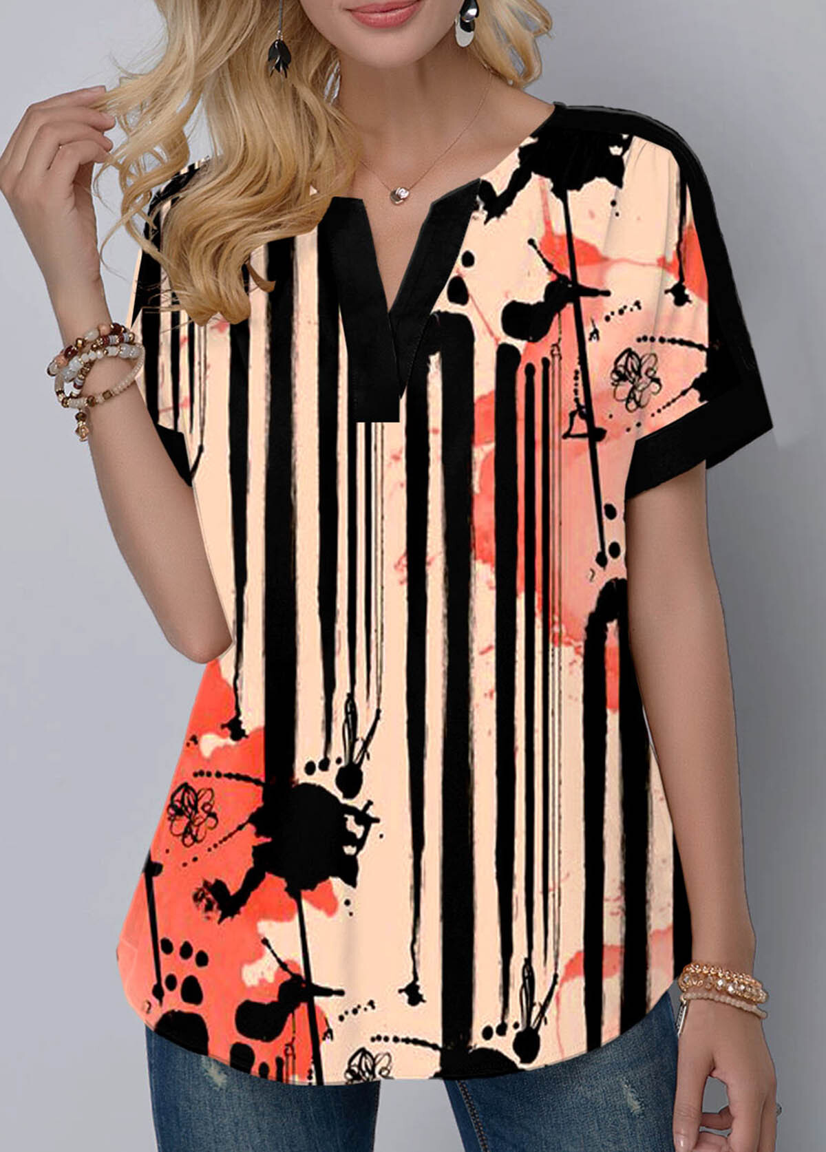 Floral Print White Split Neck T Shirt