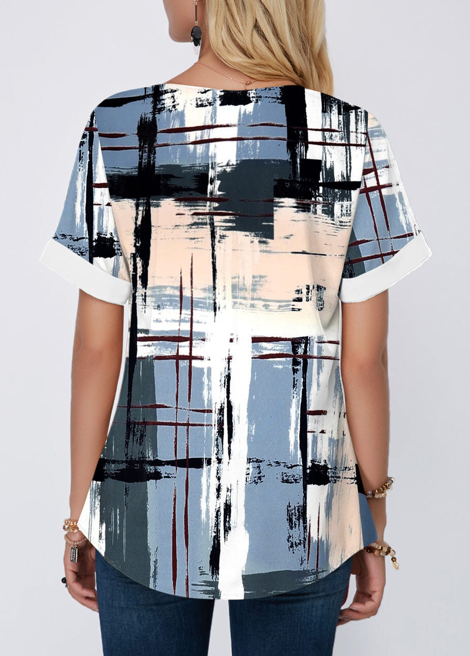 Floral Print White Split Neck T Shirt