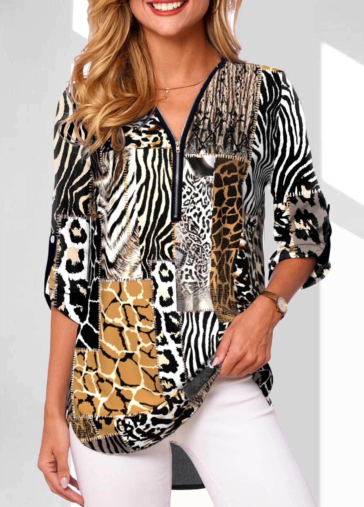 Long Sleeve Quarter Zip V Neck Blouse