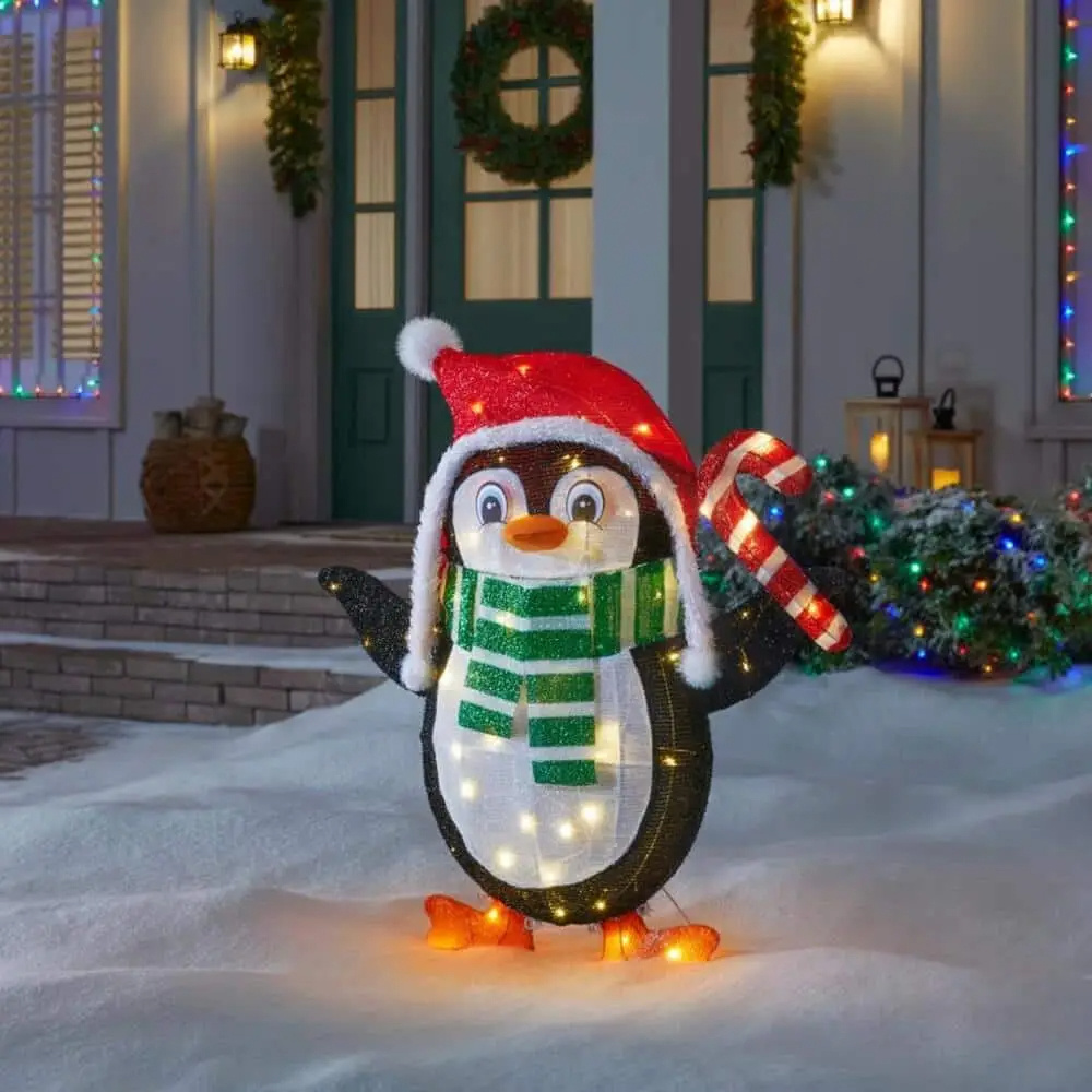 3 ft Warm White LED Penguin in with Candy Cane Holiday Yard Decoration