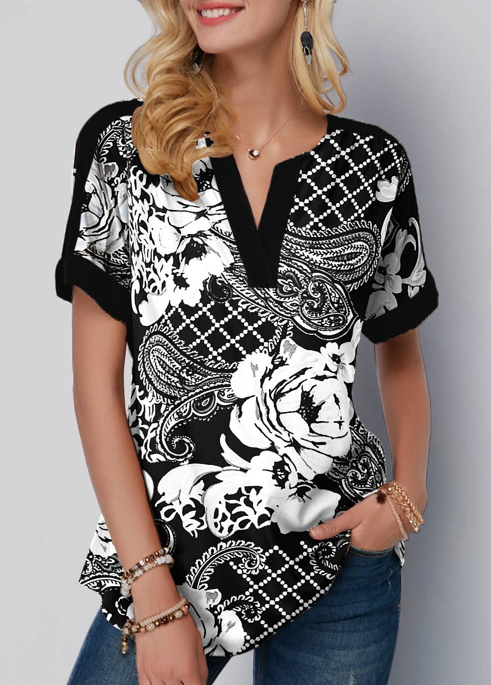 Floral Print White Split Neck T Shirt