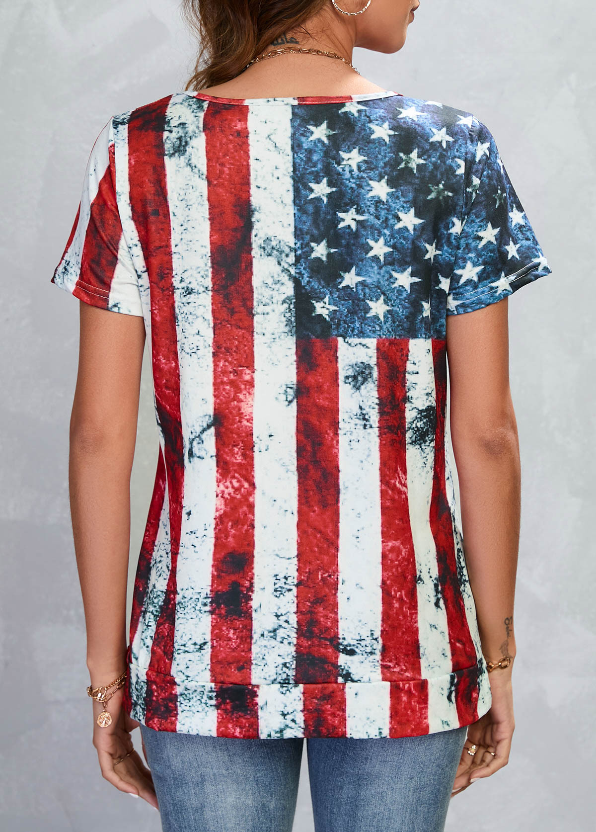 Multi Color Zipper American Flag Print T Shirt