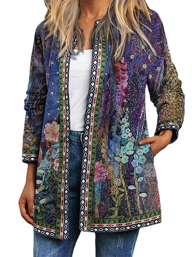 Women's Casual Jacket Daily Holiday Winter Regular Coat Regular Fit Casual Baroque Jacket Long Sleeve Floral Print Blue