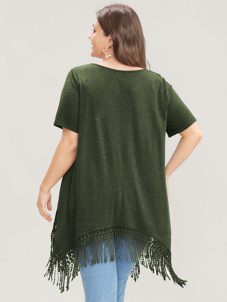 Solid Round Neck Lace Fringe Hem T-shirt