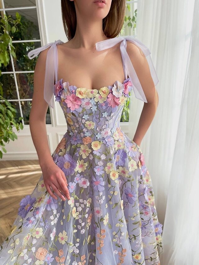 A-Line Cocktail Dresses Corsets Dress Summer Tea Length Sleeveless Scoop Neck Bridesmaid Dress Tulle with Appliques 2023