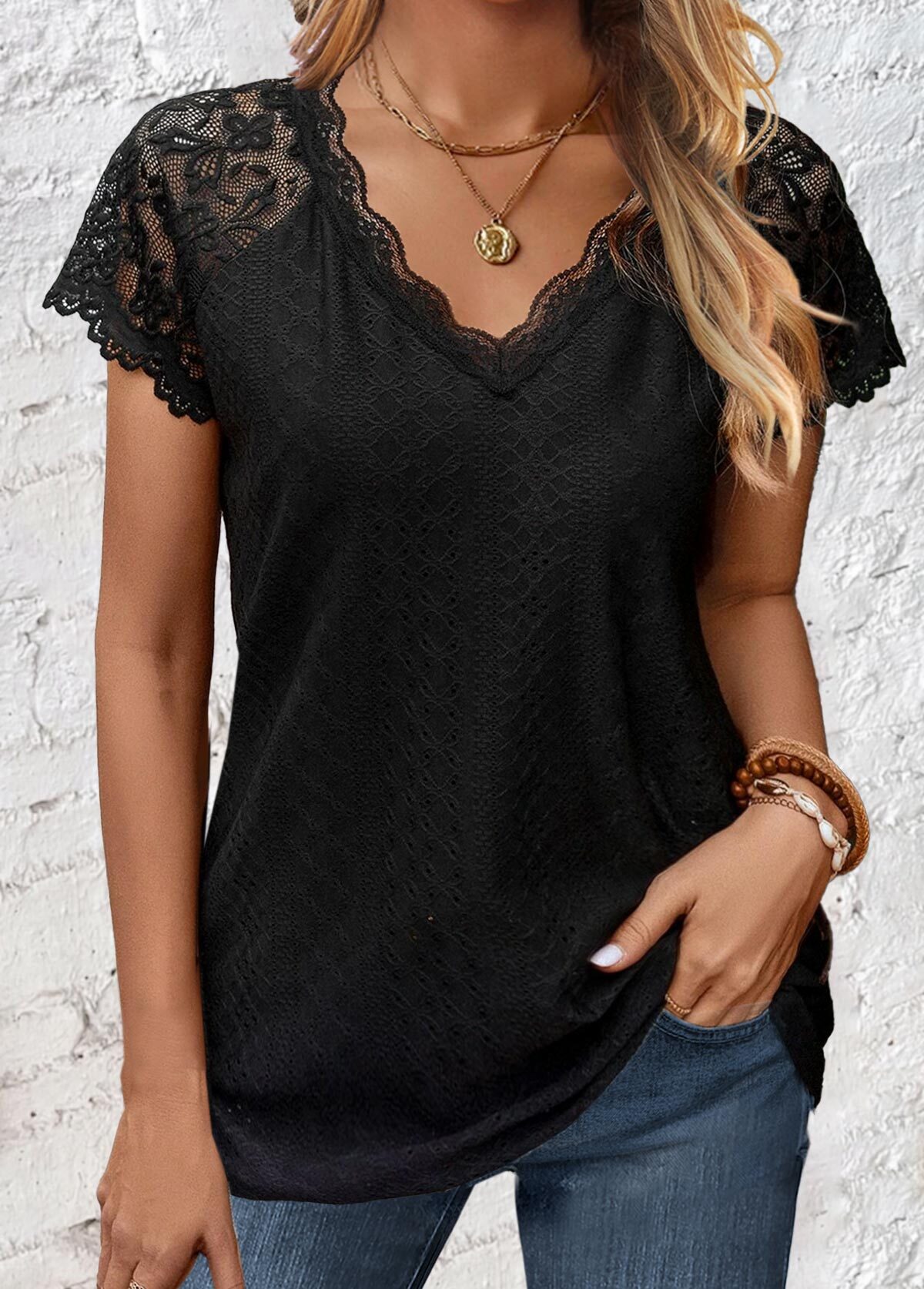 Black Lace Short Sleeve V Neck T Shirt