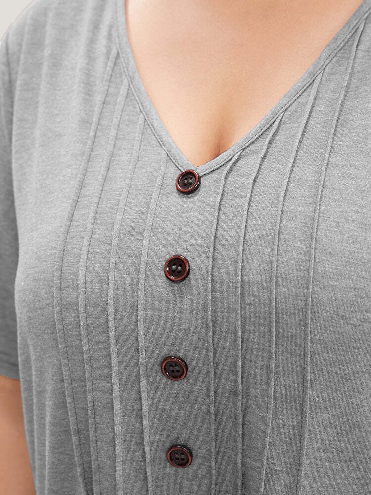 Solid Pleated Front Button Detail V Neck T-shirt
