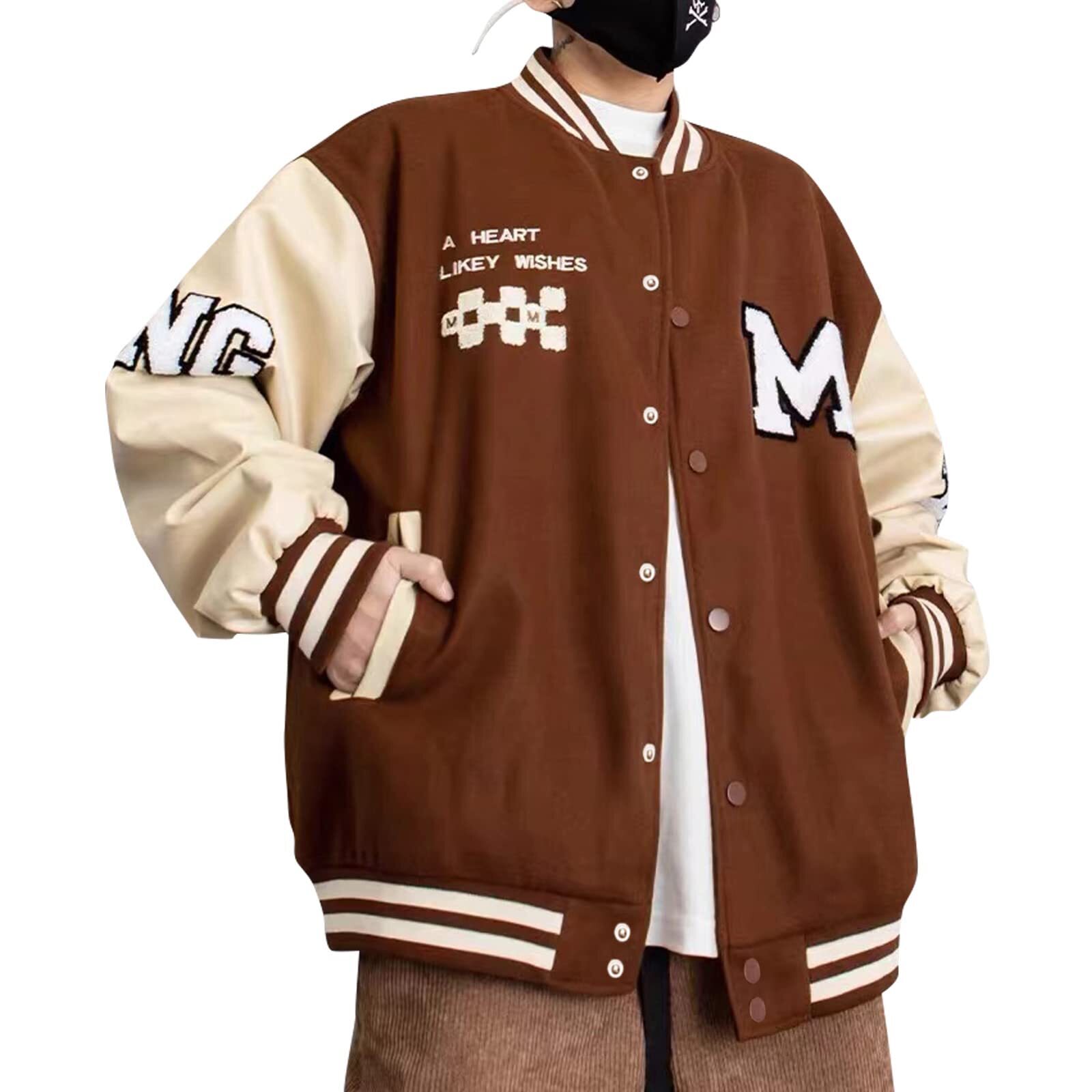 Covisoty Mens Varsity Jacket Baseball Bomber Jacket Vintage Unisex Streetwear Coats with Patchwork Hipster Utility Tops