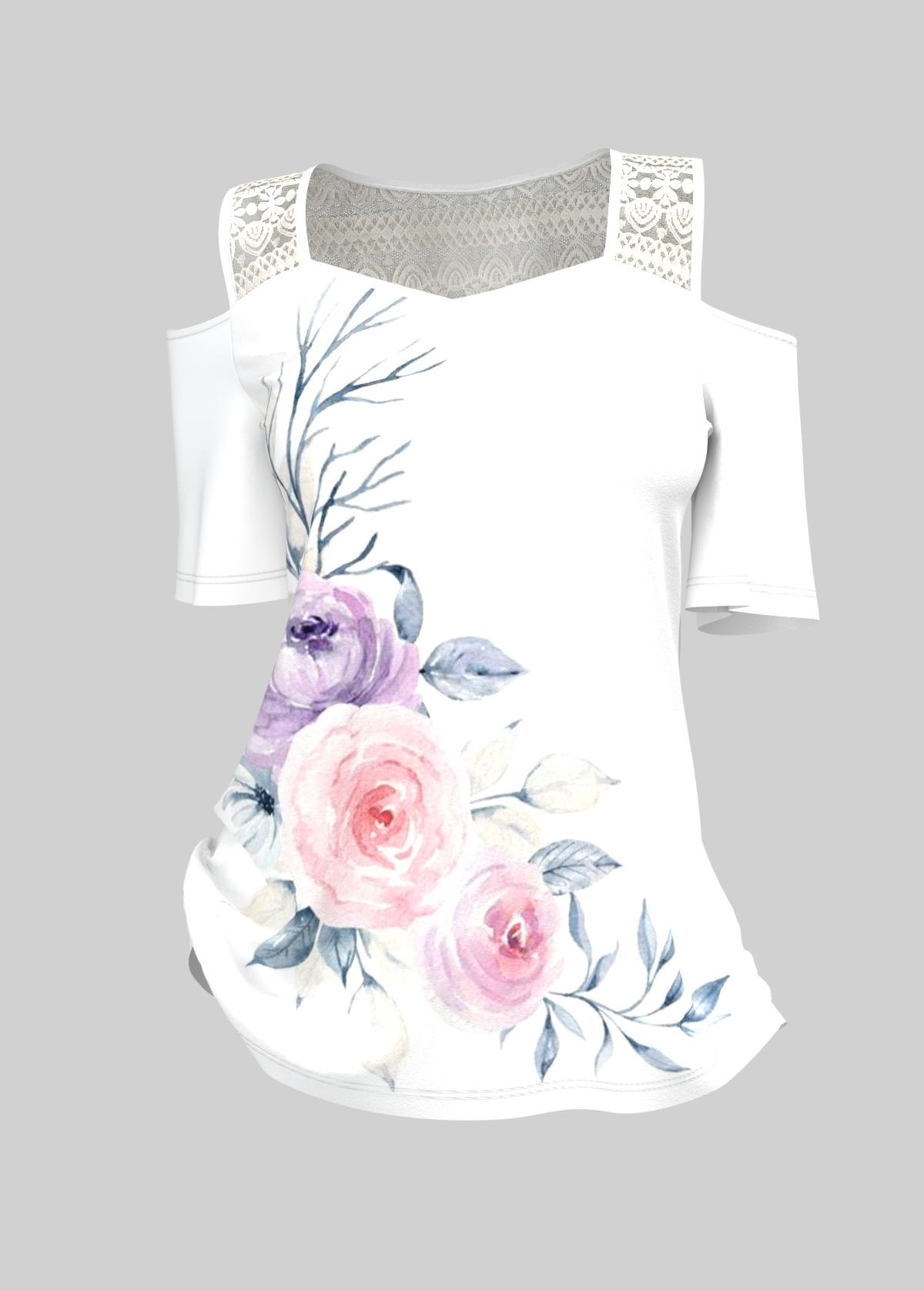 Lace Stitching Floral Print Cold Shoulder T Shirt