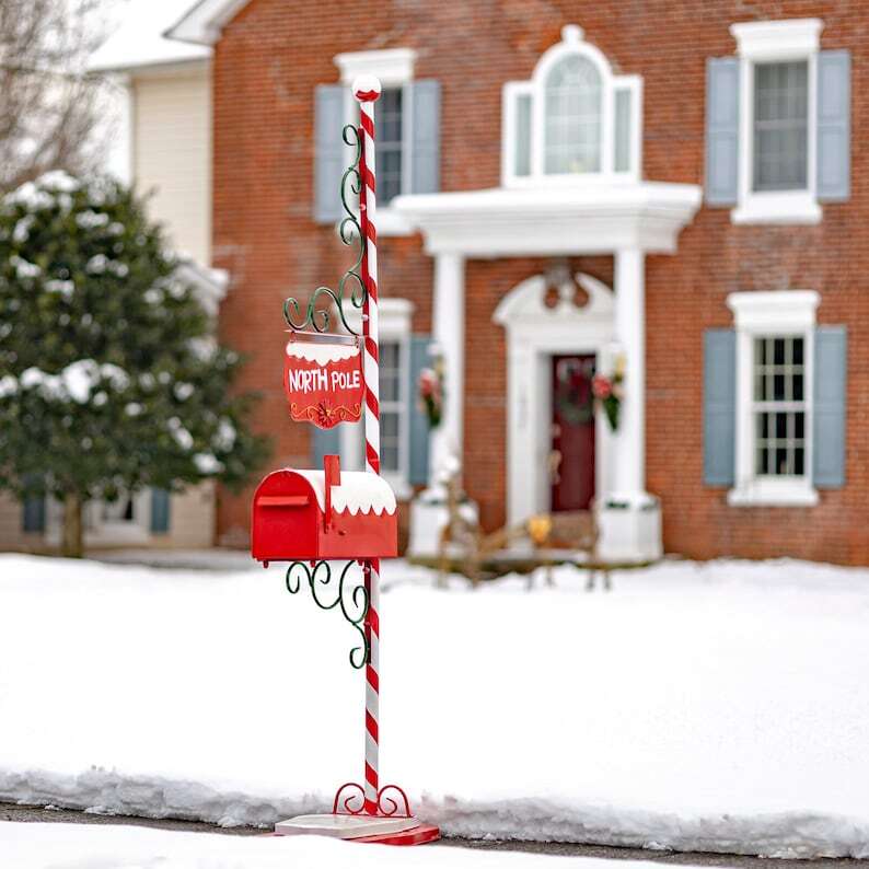 Christmas Mailbox with Candy Cane Pole and Hanging Sign