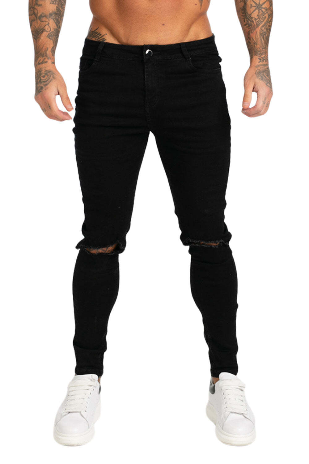 Ripped Custom Bleach Jeans Skinny Jeans-Black - Tuorse