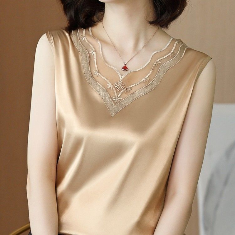 2022 Fashion Chiffon Tops Shirt Women Summer Loose Vest Satin Sleeveless Lace V-neck Top Office Lady Blouse