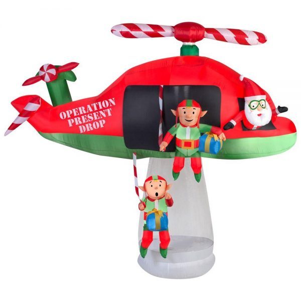 animated inflatable santa and elves in an animated helicopter scene