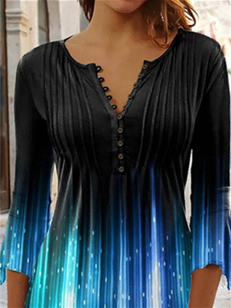 Women Long Sleeve V-neck Gradient Tops