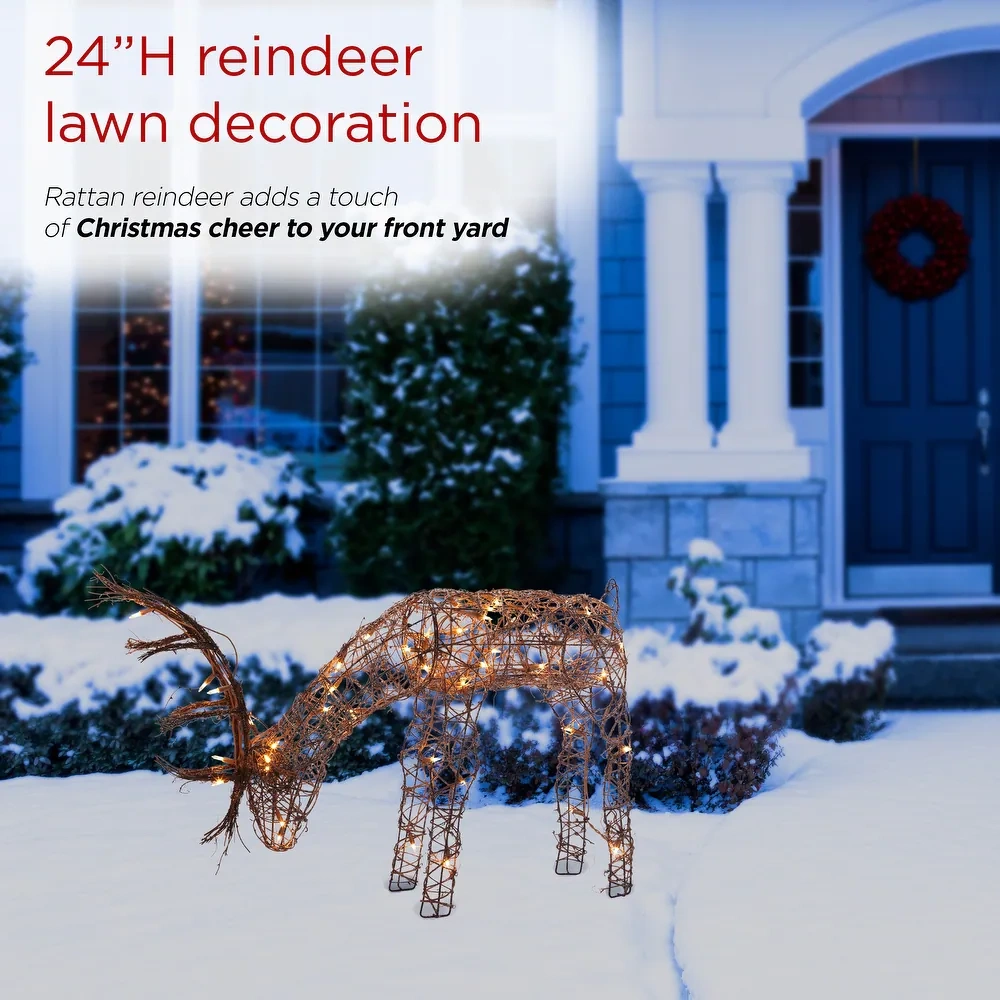 Outdoor Rattan Grazing Christmas Reindeer Lawn Decoration with White Halogen Lights - 24 in.
