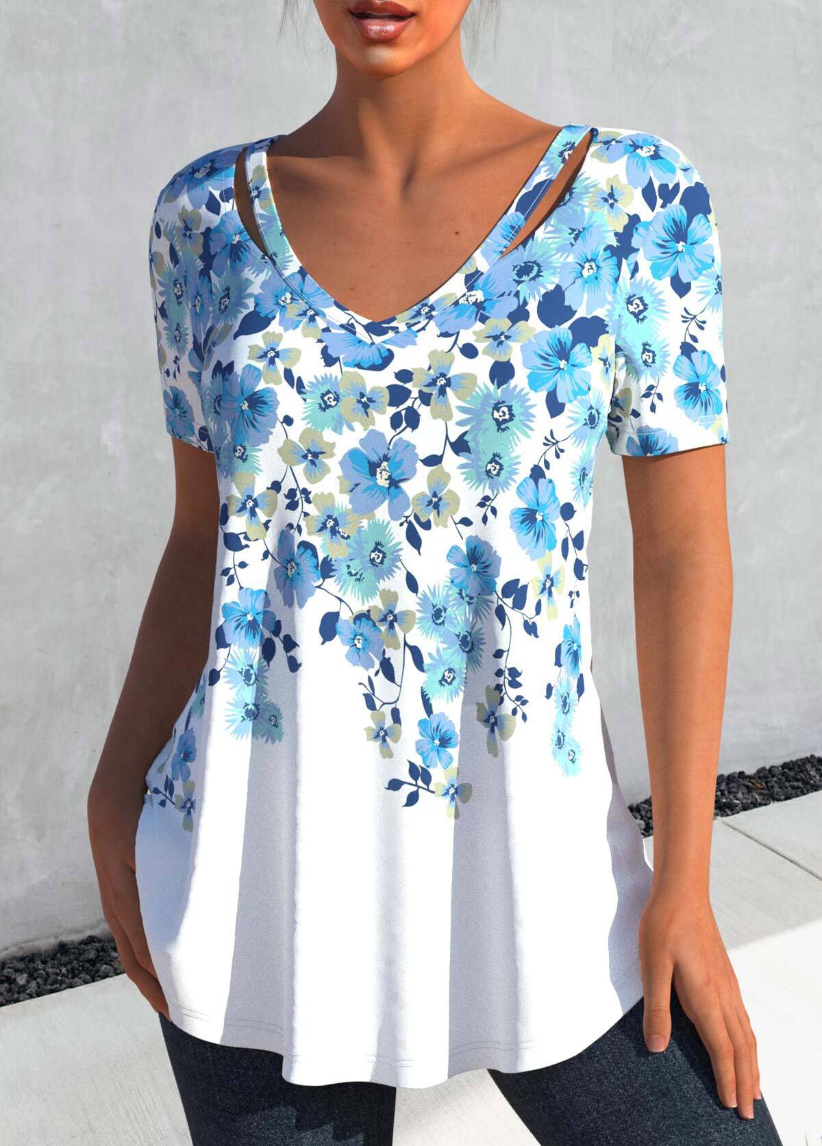 Light Blue Cut Out Floral Print T Shirt