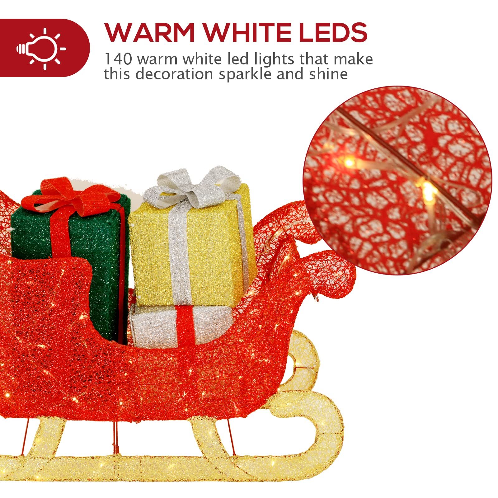 3FT 3D Genuine Lighted Christmas Sleigh, Outdoor Christmas Sleigh & Gift Boxes Yard Decorations with 140 Warm White LED Lights, Ground Stakes, Zip Ties, Red & Gold