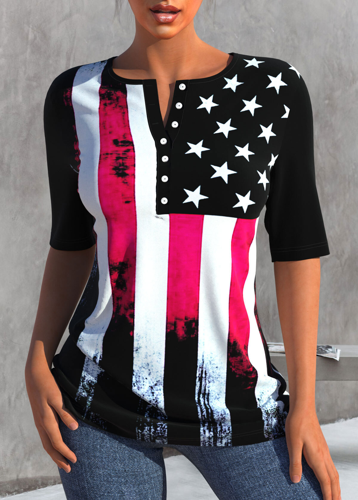 American Flag Print Black Split Neck T Shirt