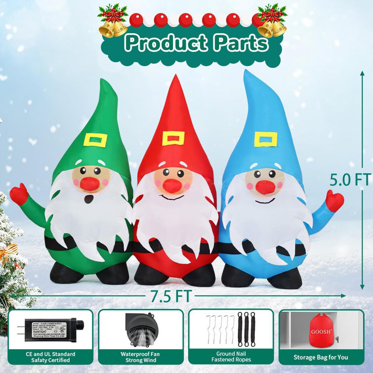 Christmas Inflatable 7.5FT Three Gnome Inflatables Outdoor Decorations Cute Inflatable Gnome
