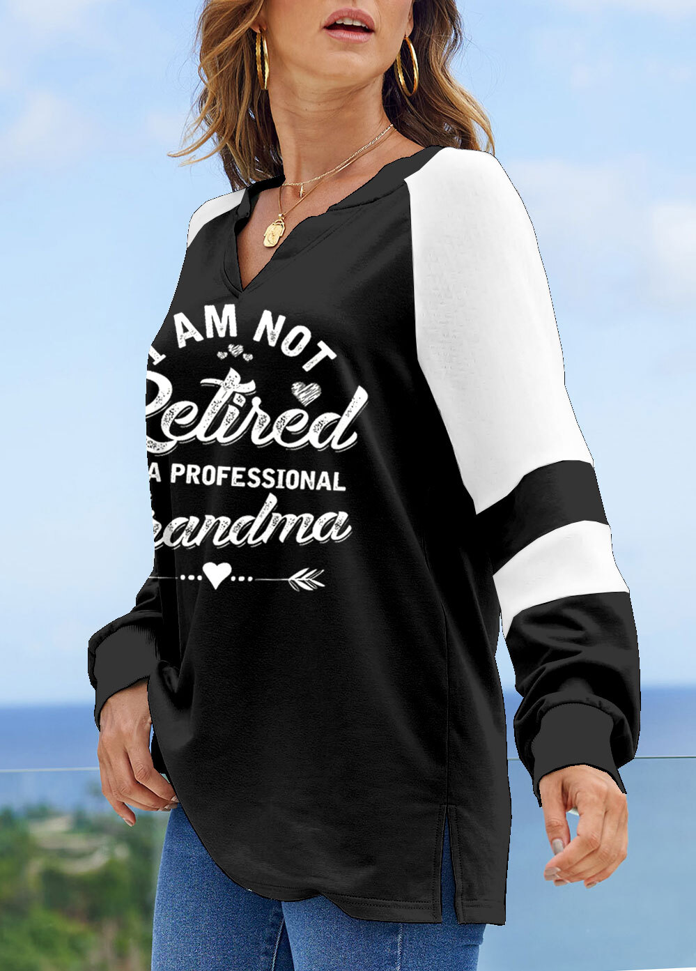 Pink Patchwork Long Sleeve V Neck Sweatshirt