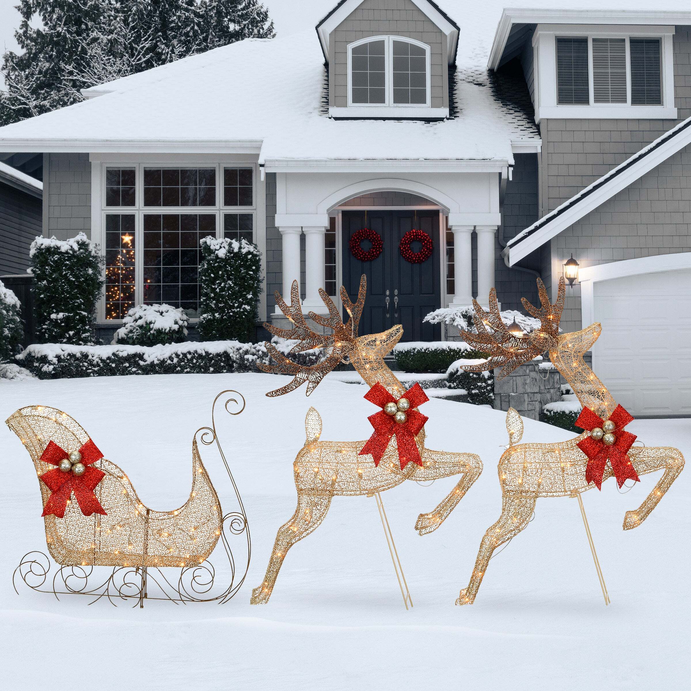 Champagne Reindeer and Sleigh with Clear Lights