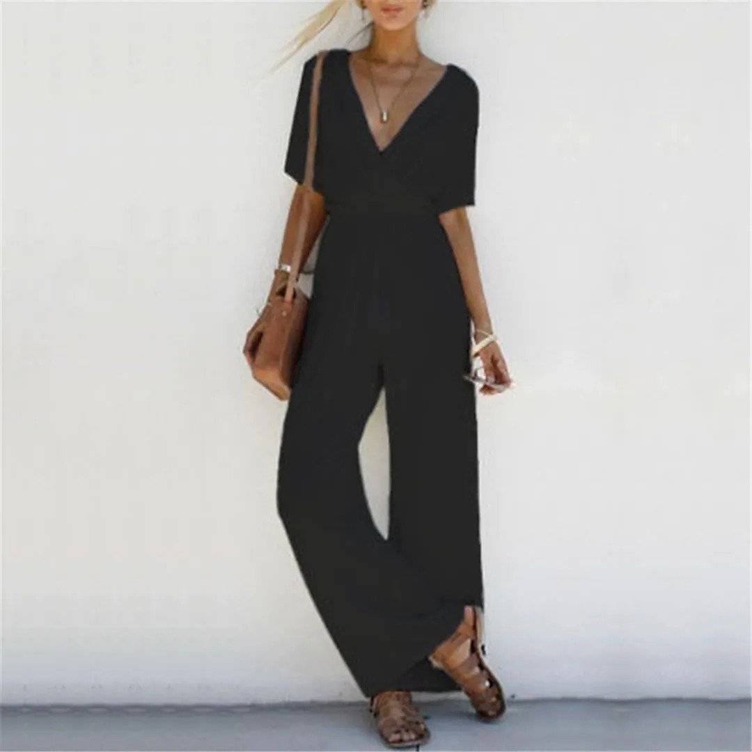 Women's Jumpsuit Solid Colored V Neck Basic Casual Daily Loose Regular Fit Half Sleeve White Black Pink S M L Spring