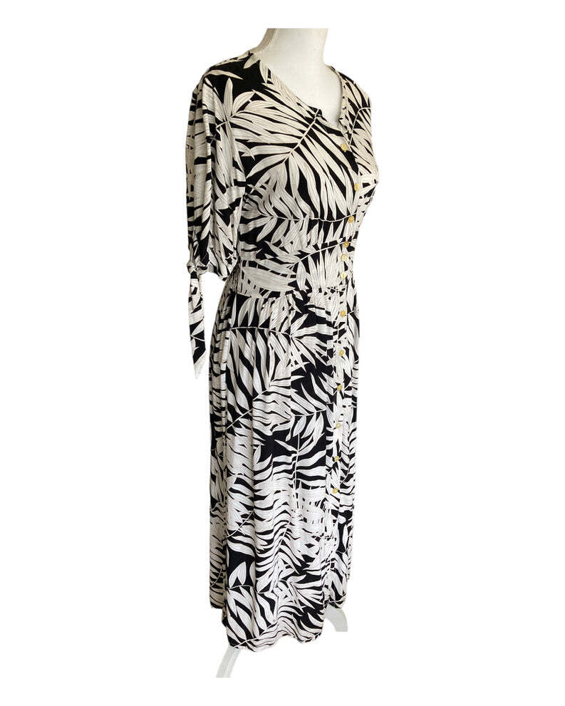 Three Islands Black and White Palm Leaf Cotton Dress, XS