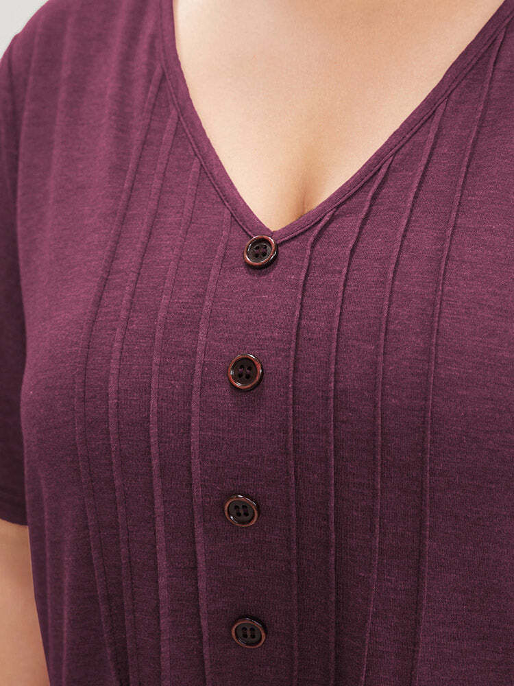 Solid Pleated Front Button Detail V Neck T-shirt