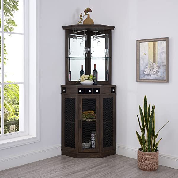 Home Source Stone Grey Corner Bar Unit with Builtin Wine Rack and Low hattoul