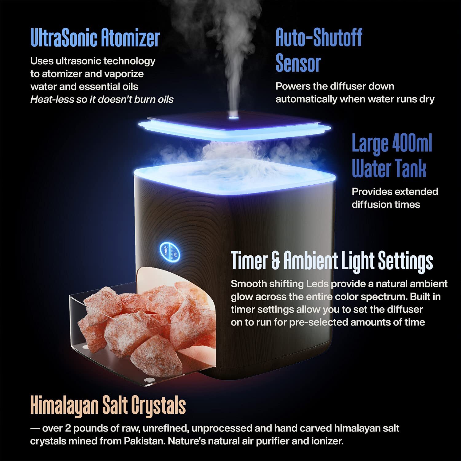 Himalayan Pink Salt Diffuser – 400ml Ultrasonic Atomizer and Ionizer with Ambient Light