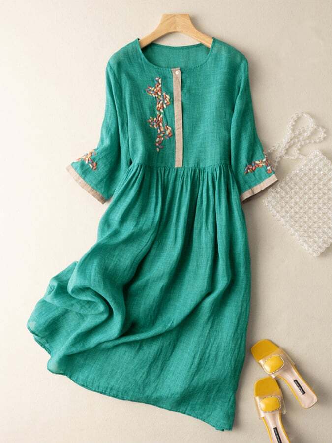 Cotton And Linen Ethnic Style Embroidered Dress