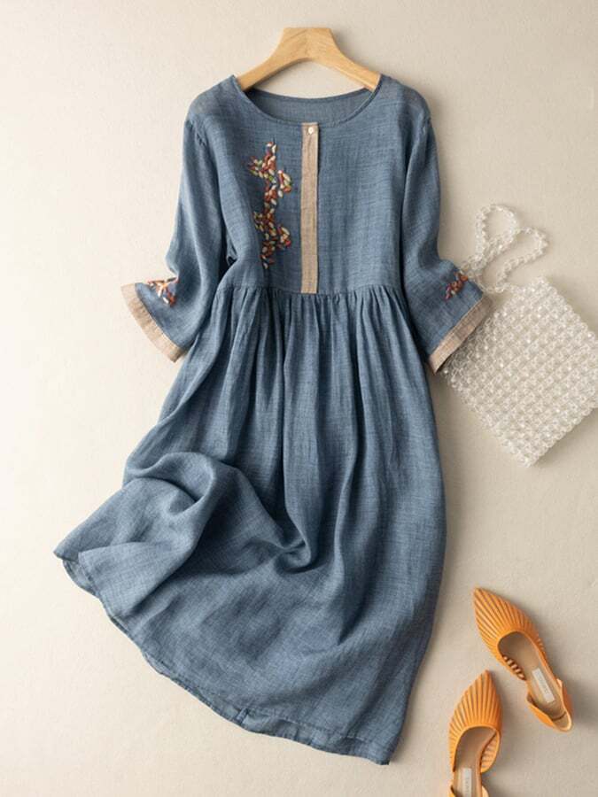 Cotton And Linen Ethnic Style Embroidered Dress