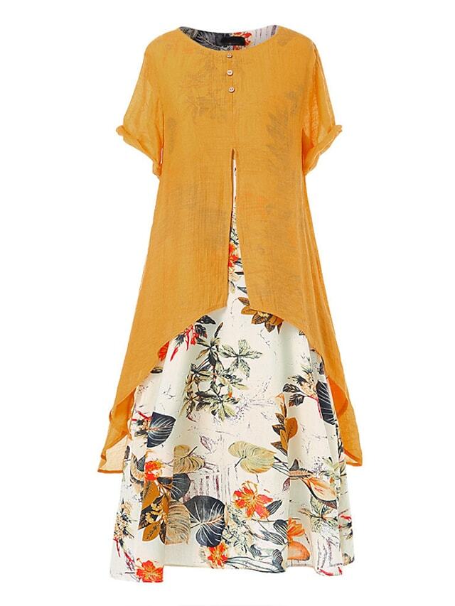 Short Sleeve Floral Patchwork Linen Dress