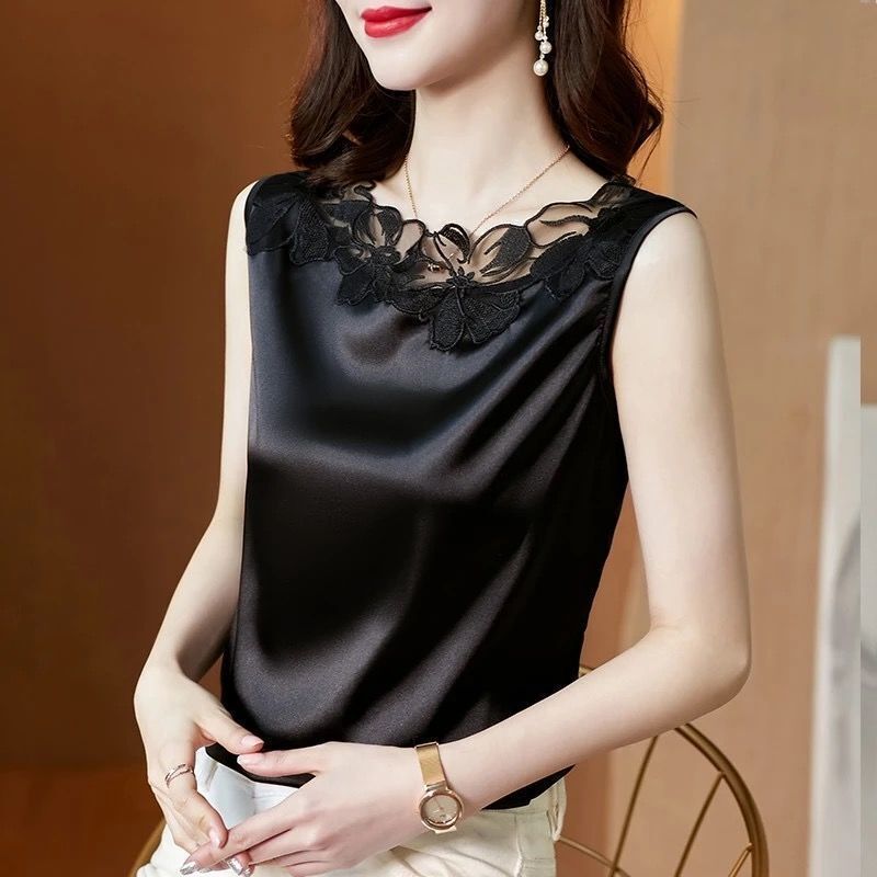 2022 Fashion Chiffon Tops Shirt Women Summer Loose Vest Satin Sleeveless Lace V-neck Top Office Lady Blouse
