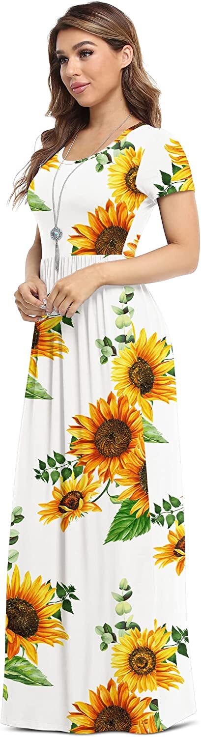 Women's Short Sleeve Loose Plain Maxi Dresses Casual Long Dresses with Pockets