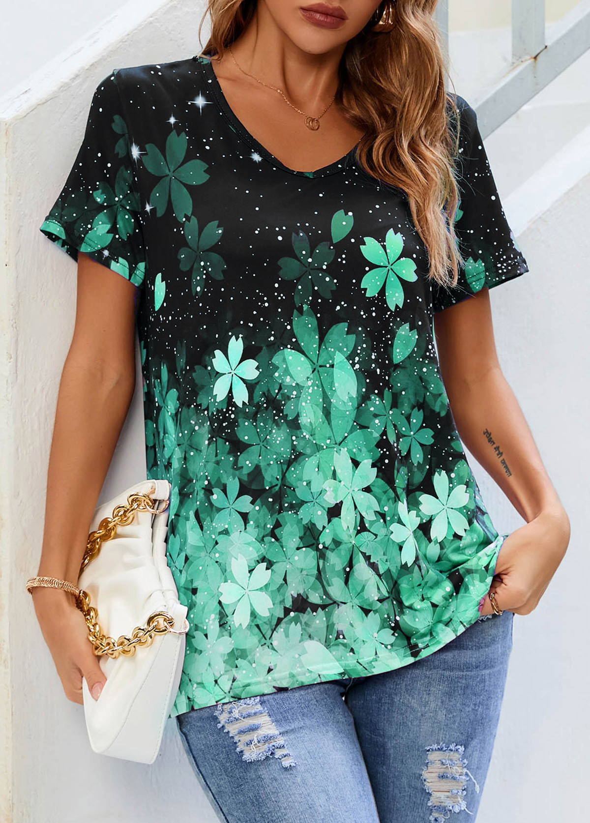 Floral Print Pink V Neck T Shirt