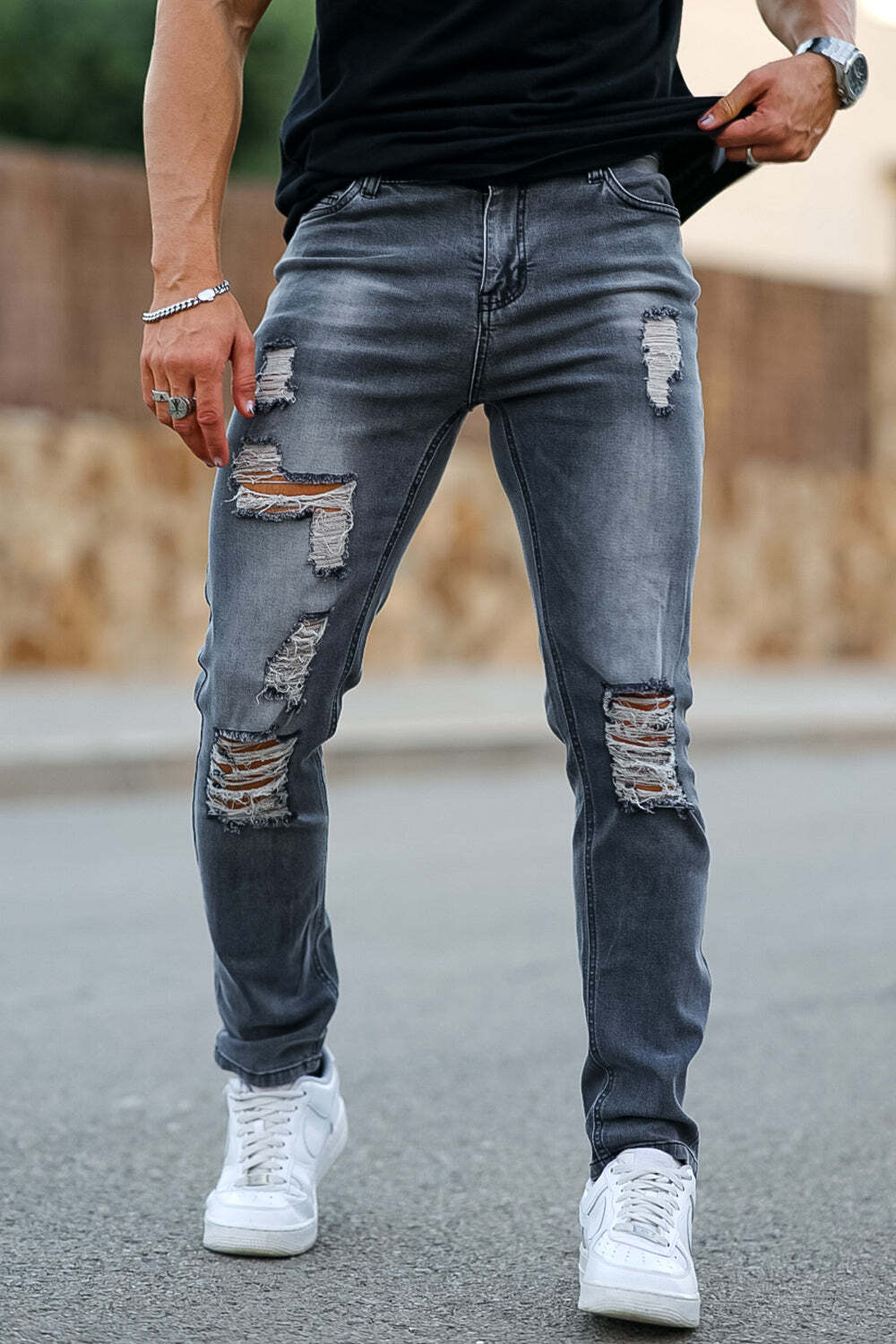 Men‘s Vintage Ripped Fashion Dark Grey Jeans For Men - Tuorse