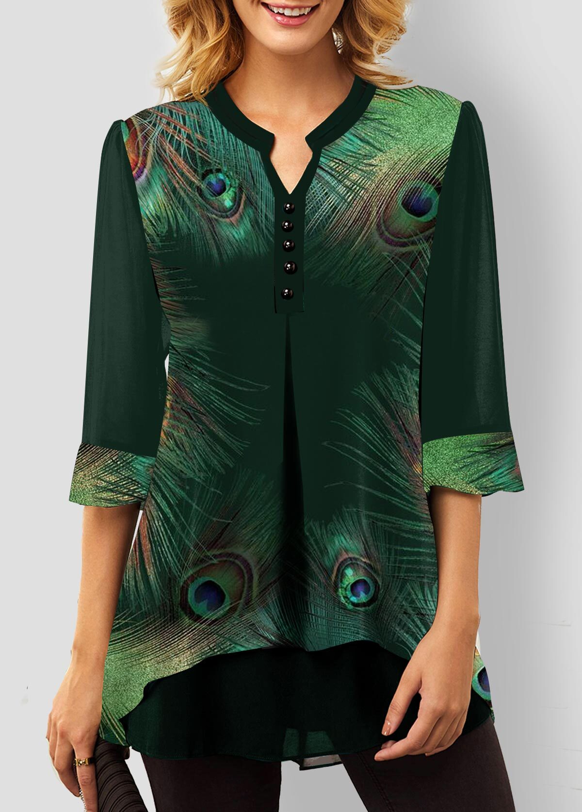Split Neck Large Floral Print Button Detail Blouse