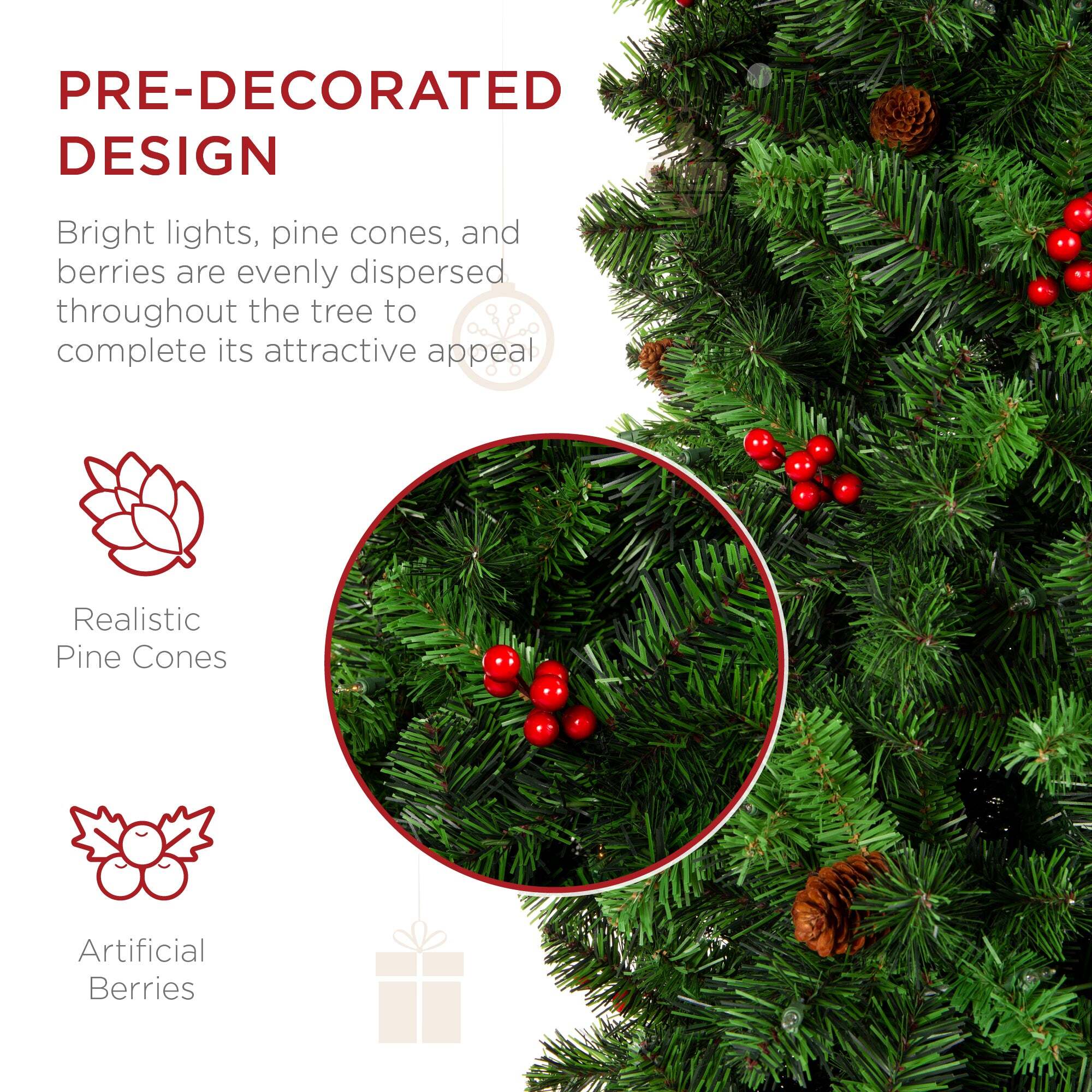 Pre-Decorated Spruce Pencil Christmas Tree w/ Berries, Pine Cones