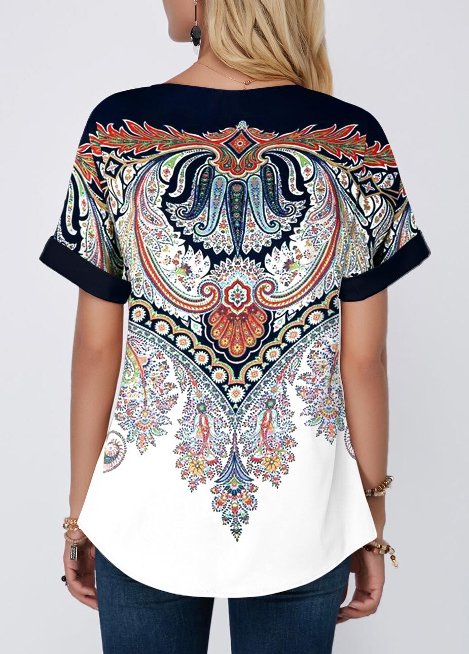 Floral Print White Split Neck T Shirt