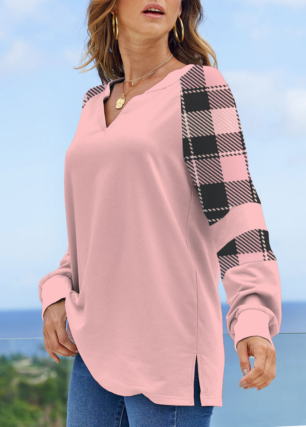 Pink Patchwork Long Sleeve V Neck Sweatshirt