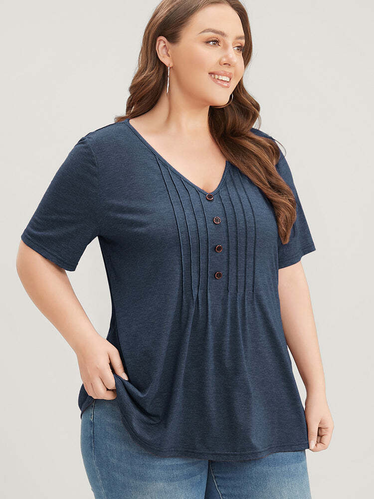 Solid Pleated Front Button Detail V Neck T-shirt