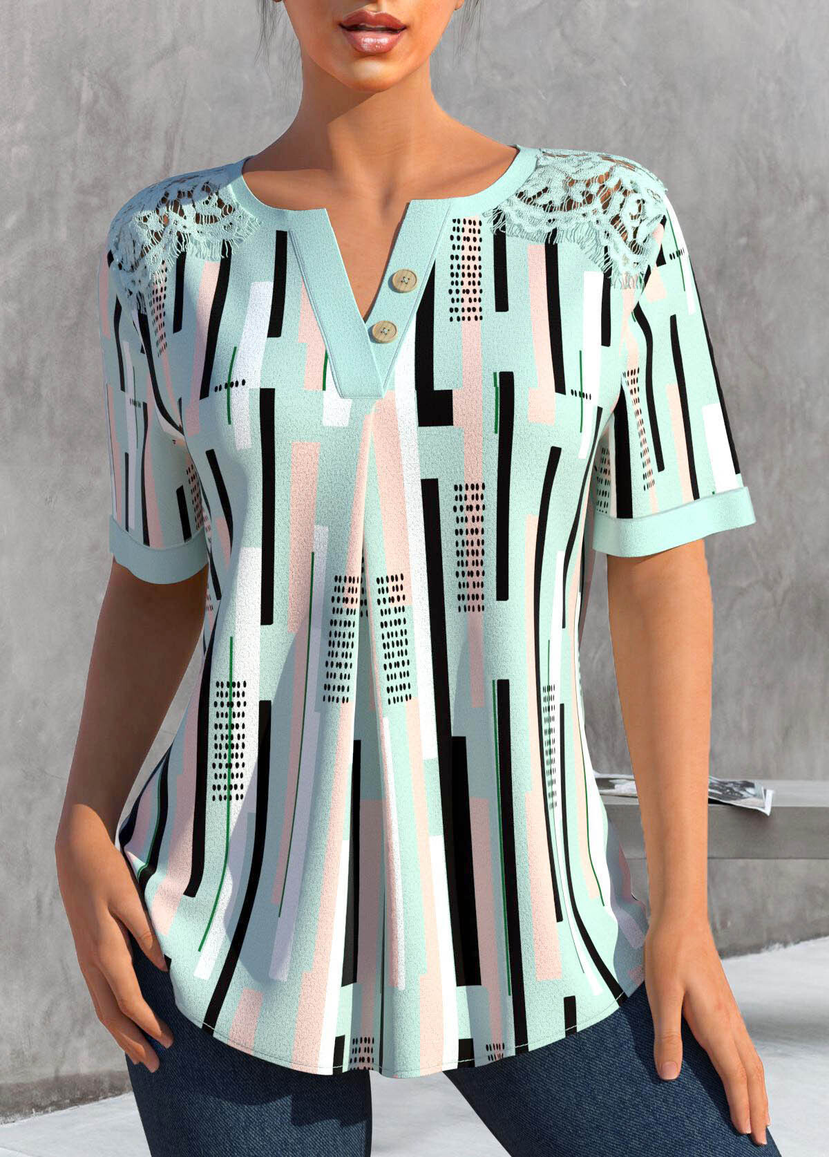 Green Lace Striped Short Sleeve Split Neck Blouse