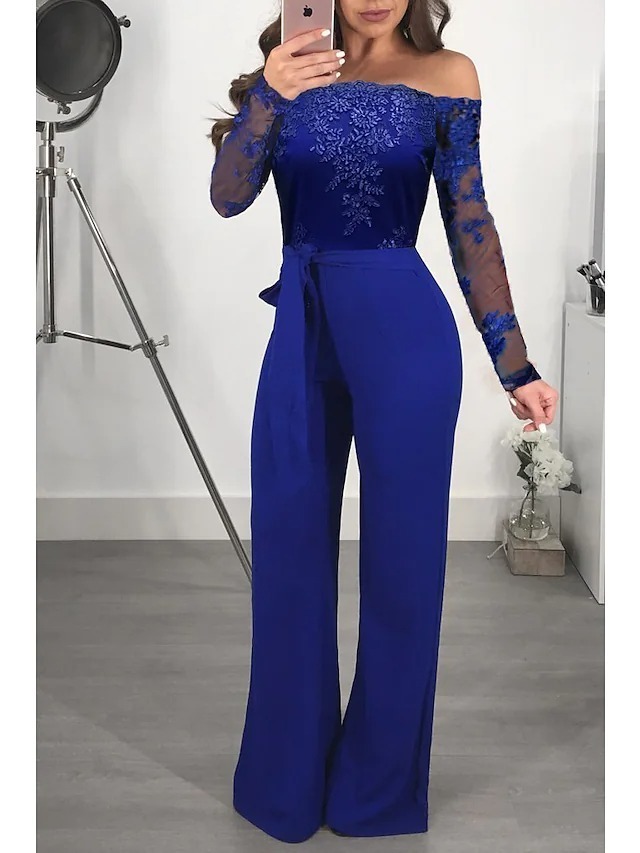 Women's Sexy 2022 Blue Black Wine Jumpsuit Floral Tulle Chiffon Lace / Wide Leg