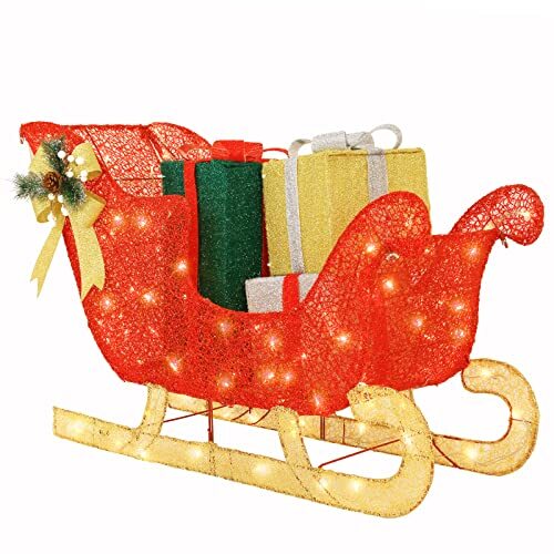 3FT 3D Genuine Lighted Christmas Sleigh, Outdoor Christmas Sleigh & Gift Boxes Yard Decorations with 140 Warm White LED Lights, Ground Stakes, Zip Ties, Red & Gold