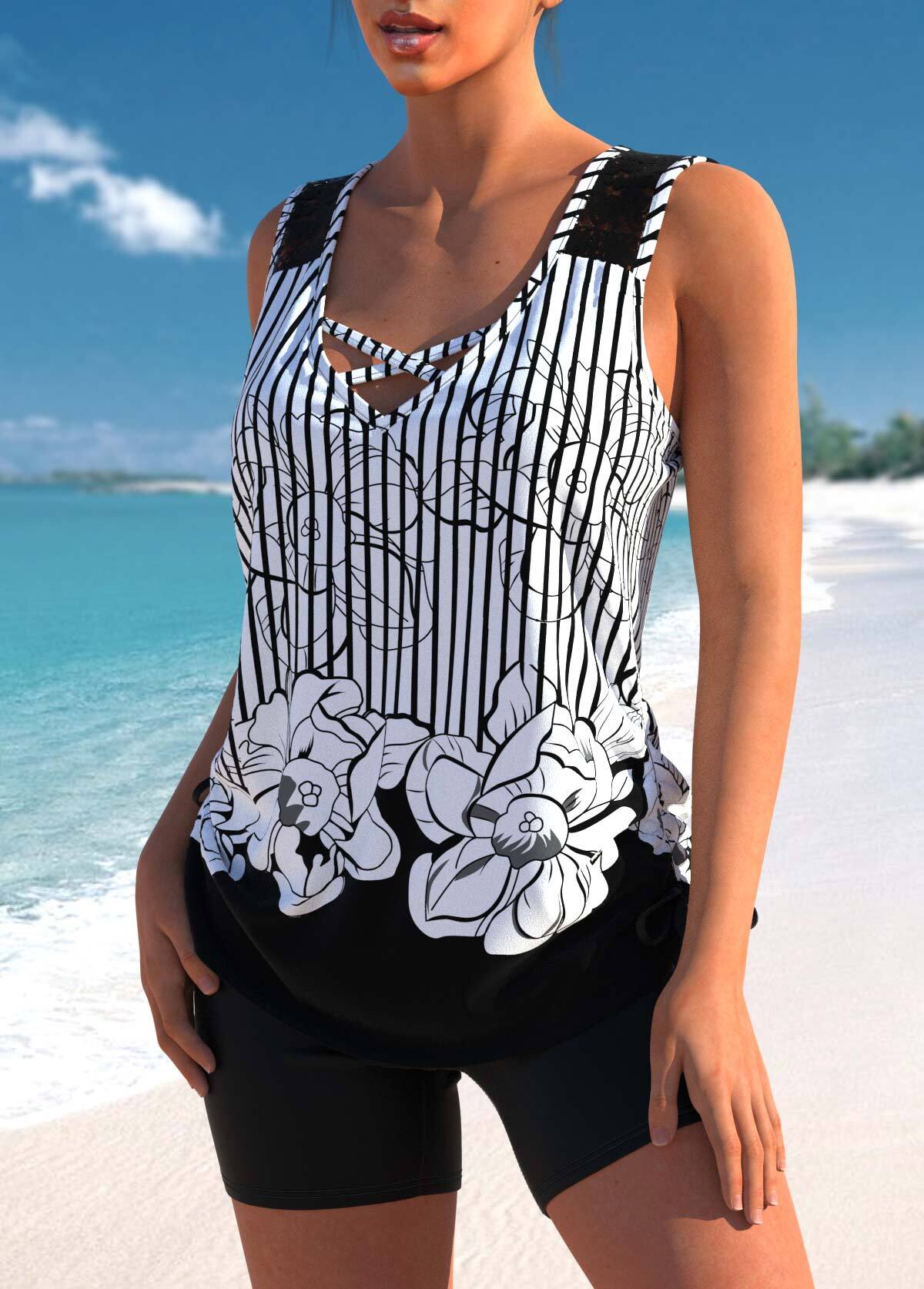 Navy Coconut Tree Print Tankini Top