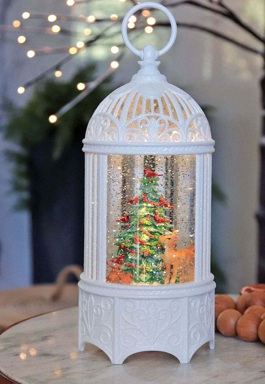 Birdcage Snow Globe With Cardinals Deer and Forest Creatures USB Cor